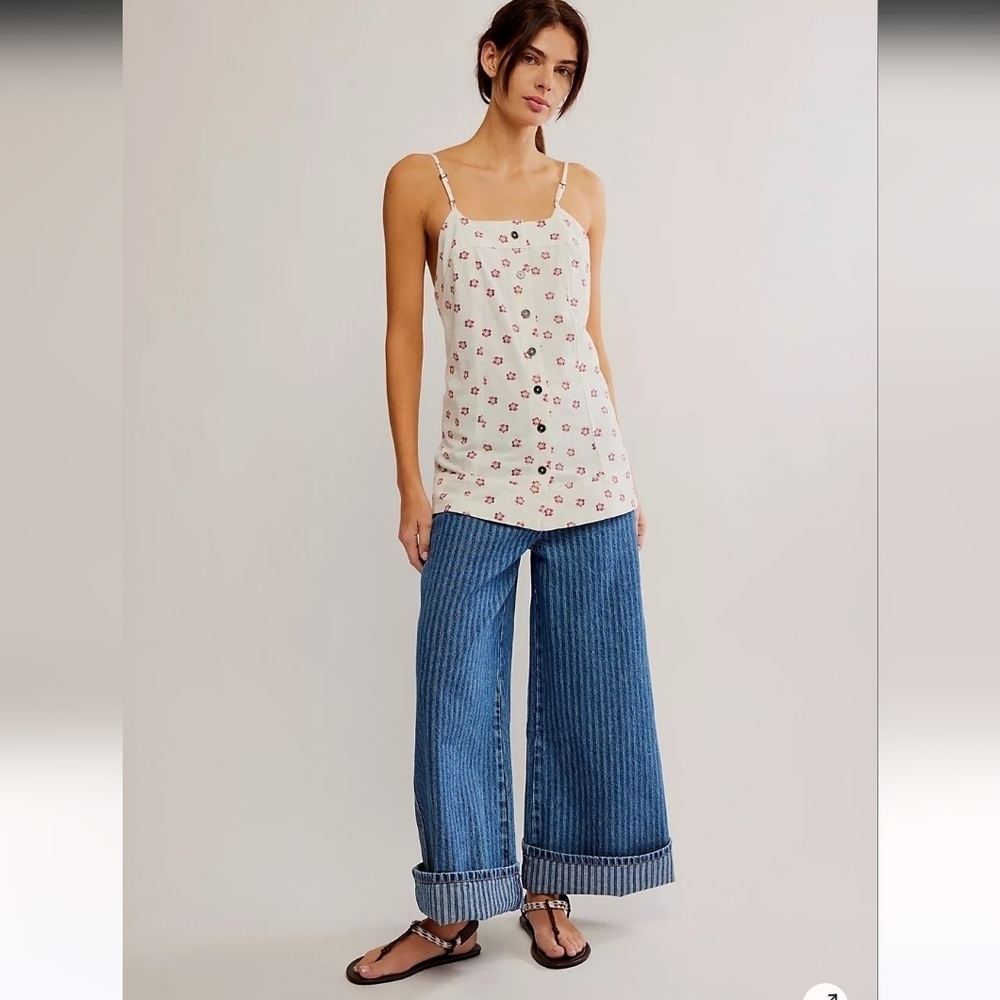 Free People Maddie Floral Printed Scoop Neck Sleeveless Low Back Tunic Large New